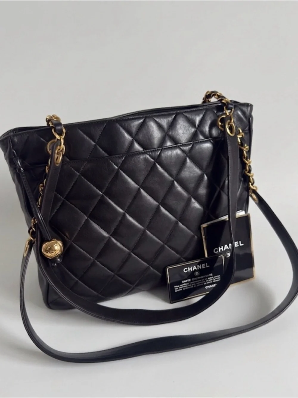 Chanel Vintage 24k Gold Plated Black Lambskin Quilted Tote Bag Gold Ball Charm